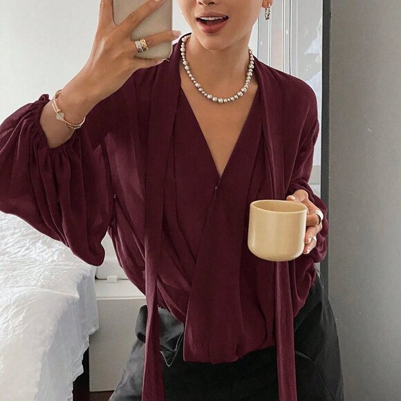 Burgundy Casual Women's Loose Fit Long Sleeve Tie Blouse - Picture 1 of 6